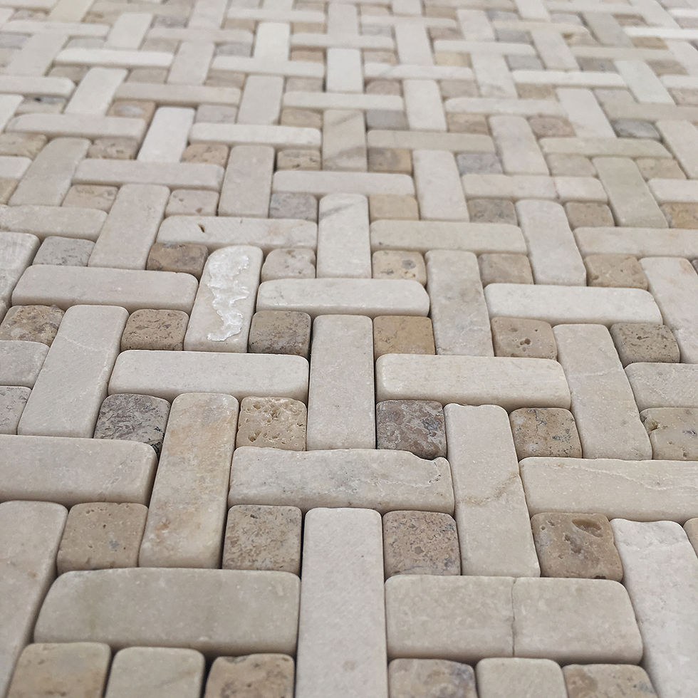 Thumbnail: A mosaic basketweave tile put together by hand.  A tumbled pattern, made from Italian marbles that is suitable for floors