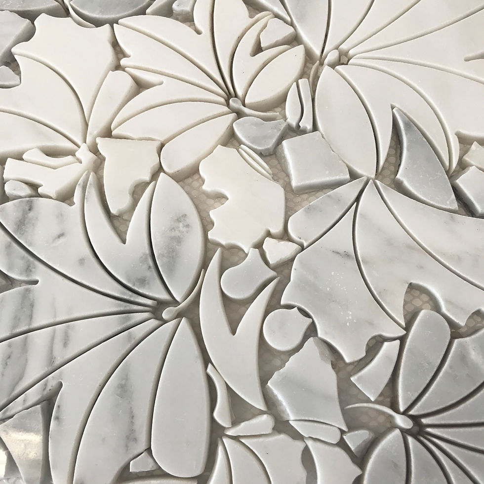 Beautiful collage of marble leaves make up this lovely stone tile pattern that is suitable for wall and floor installations