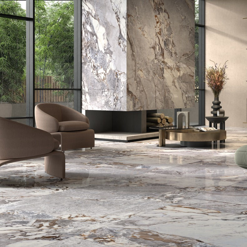 Thumbnail: clad a fireplace and your living room floor with Expression grey for a grand dramatic design