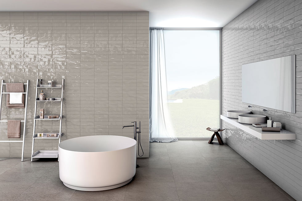 Thumbnail: Pottery silver is the perfect tile for a bathroom wall as seen here.  This feature wall is also a tub surround.