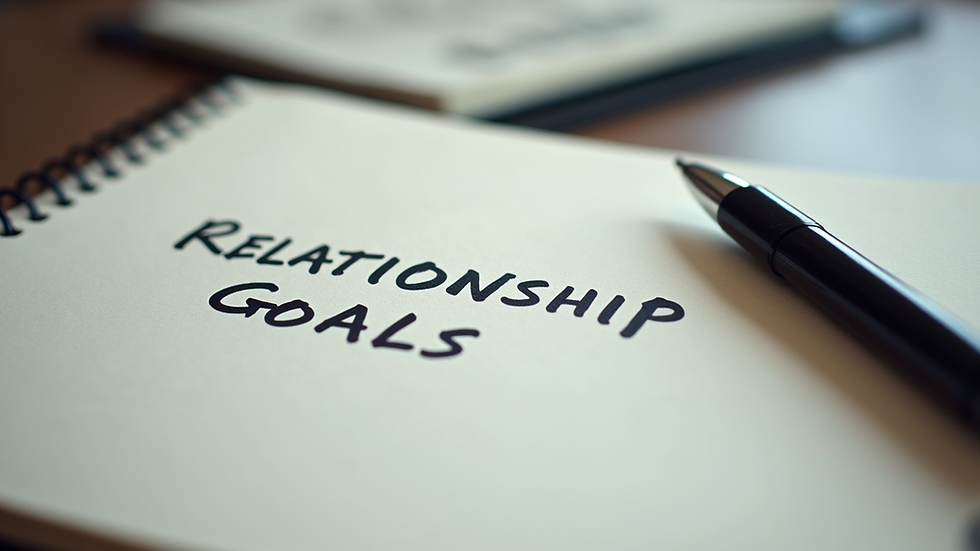 Close-up view of a notebook with relationship goals and a pen