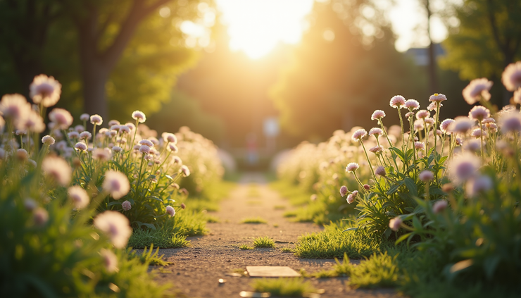 Eye-level view of a peaceful garden path lined with blooming flowers and soft sunlight