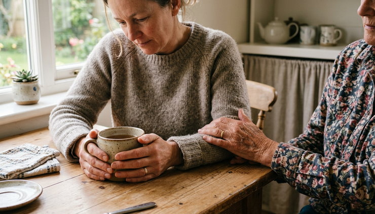 Close-up of two hands holding a ceramic cup across a kitchen table