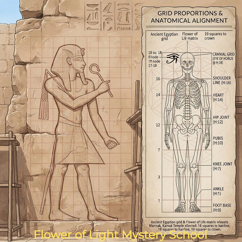 alt="Architectural diagram of the unfinished Egyptian canon of proportions displaying an 18/19 square grid overlay behind a standing pharaonic figure, demonstrating the geometric alignment of skeletal joint nodes to the 19 circles of the Flower of Life matrix."