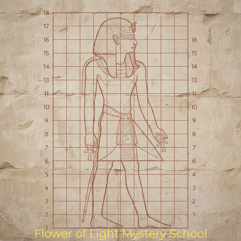 "Technical line drawing of the ancient Egyptian canon of proportions displaying an 18/19 square grid overlay behind a human figure, mapping the skeletal joints and biometric nodes to the 19 circles of the Flower of Life matrix."