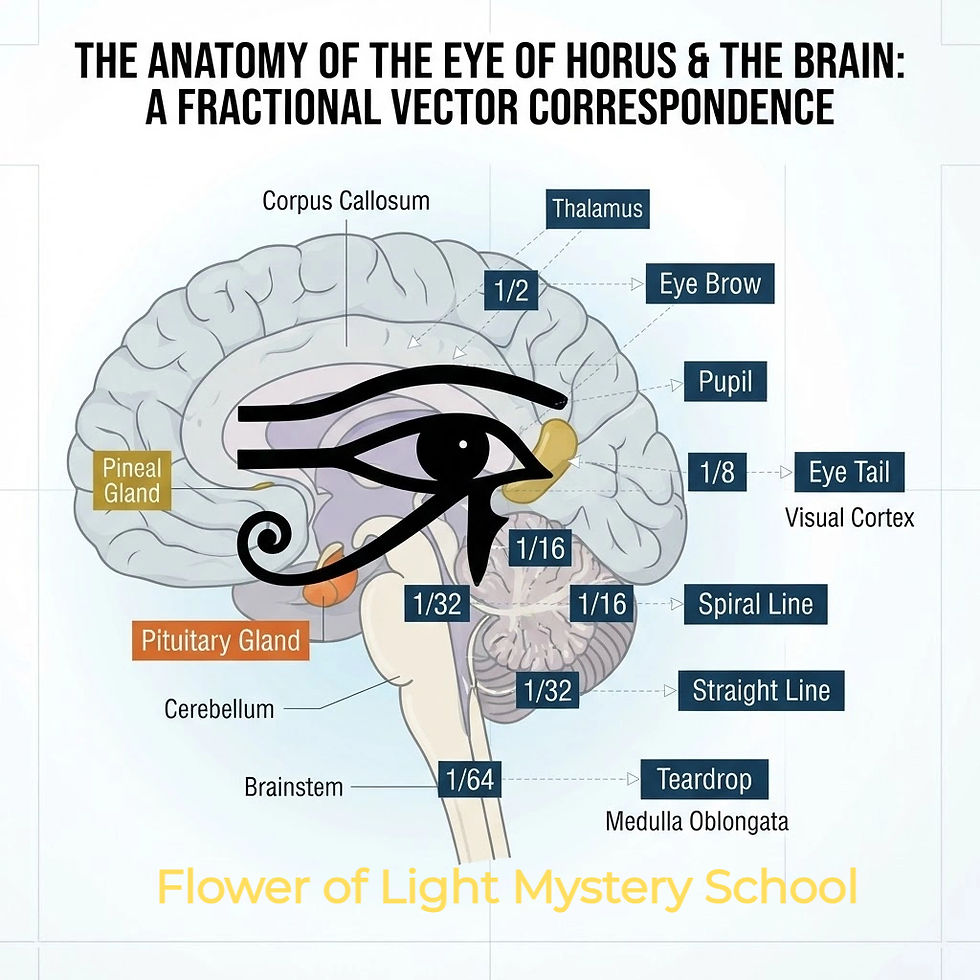 alt="Vector overlay illustration of the ancient Egyptian Eye of Horus Wedjat glyph mapped precisely over a mid-sagittal cross-section of the human brain, showing the direct geometric correlations to the corpus callosum, thalamus, pineal gland, and pituitary gland."