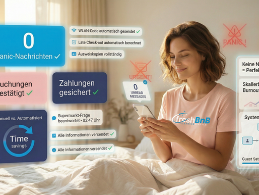 Entspannte Gastgeberin nutzt Tools am Laptop, um ihre FeWo Kommunikation zu automatisieren und Zeit zu sparen.