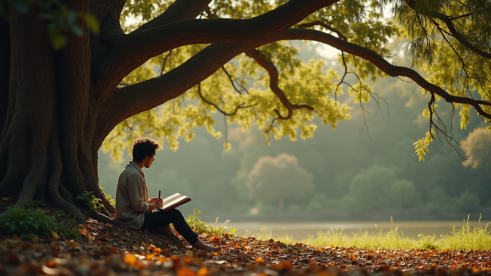 Eye-level view of a storyteller narrating under a banyan tree