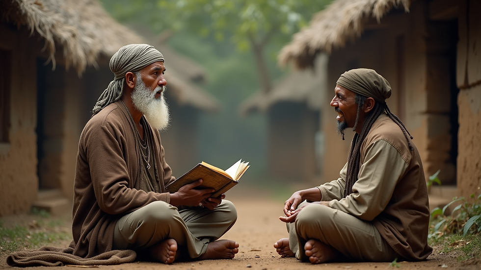 Eye-level view of a storyteller narrating a folk tale in a village setting
