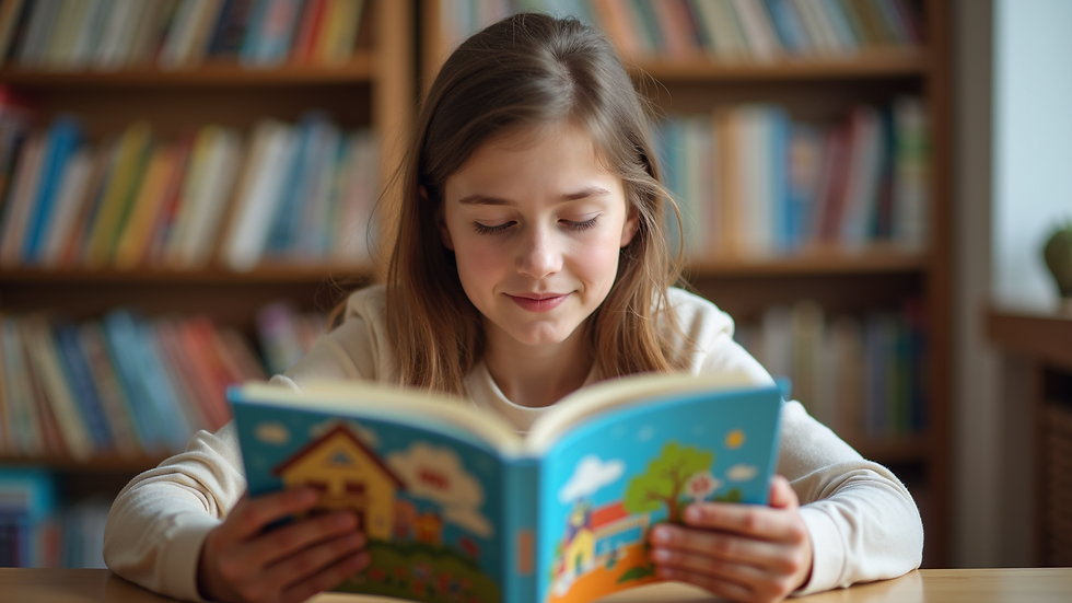 Close-up of a teacher holding a colorful storybook during a reading session