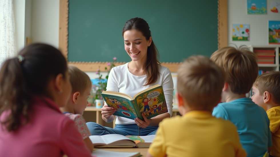 Eye-level view of a teacher reading a colorful storybook to a group of children