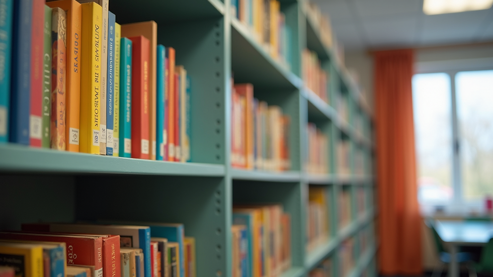 Eye-level view of a colorful classroom bookshelf filled with children’s books