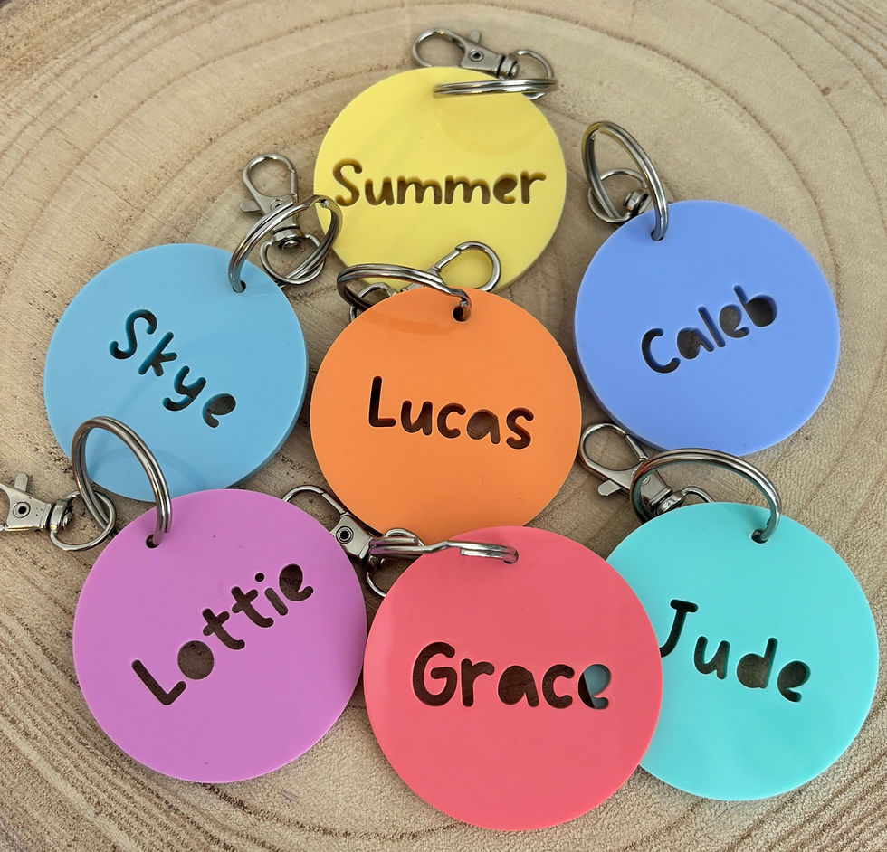 round circular name tags kids school pastel primary colour name engraved
