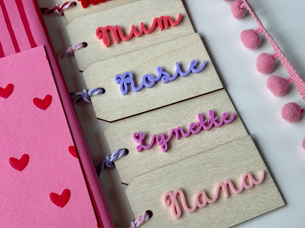 parcel name tags wooden acrylic personalised pink purple colours gifts