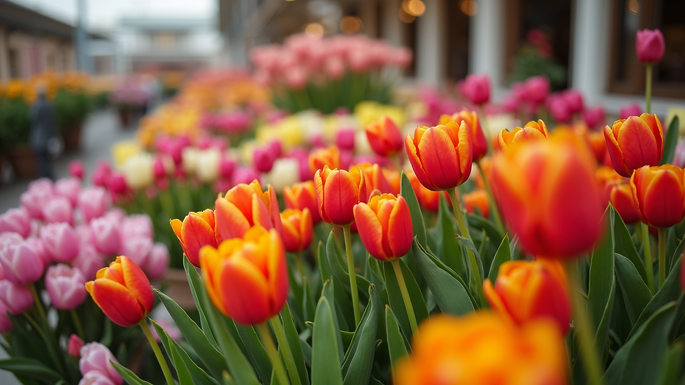 Close-up view of a vibrant flower auction setup with colorful blooms on display