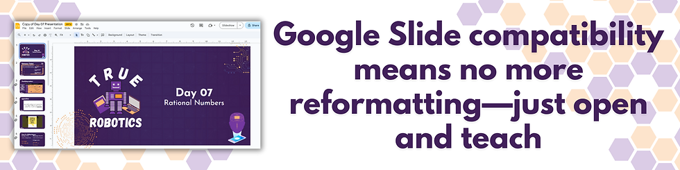 Google Slides with "TRUE ROBOTICS" theme, Day 07 on Rational Numbers. Text reads: "Google Slide compatibility means no reformatting—just open and teach."