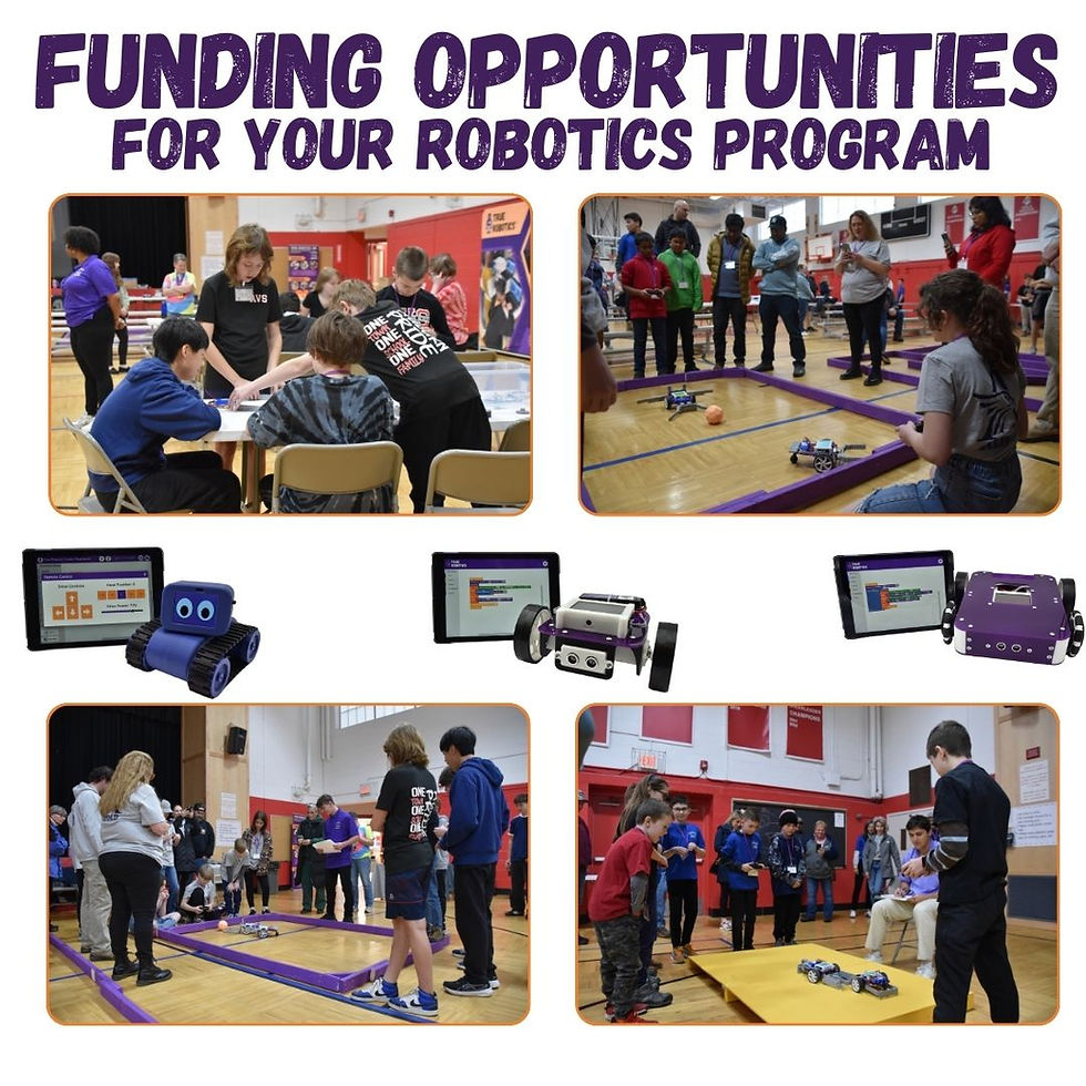 Collage of robotics program activities and competitions in a school gymnasium, with students gathered around tables and race tracks working with small programmable robots. The top text reads “Funding Opportunities for Your Robotics Program.” Images also show tablets displaying coding software alongside various robot models.