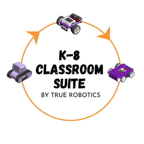 True Robotics K–8 Suite logo depicting learning progression from Treads to Pilot to Axle.