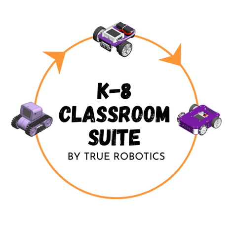 True Robotics K–8 Suite logo depicting learning progression from Treads to Pilot to Axle.