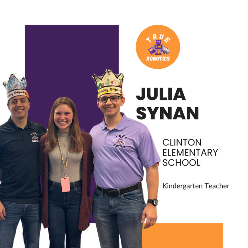 Julie Synan, Kindergarten teacher at Clinton Elementary School, poses with True Robotics President Anthony Galgano and team member Benjamin Cyran during Community Reading Day, celebrating their collaboration in bringing early STEM experiences to young learners.