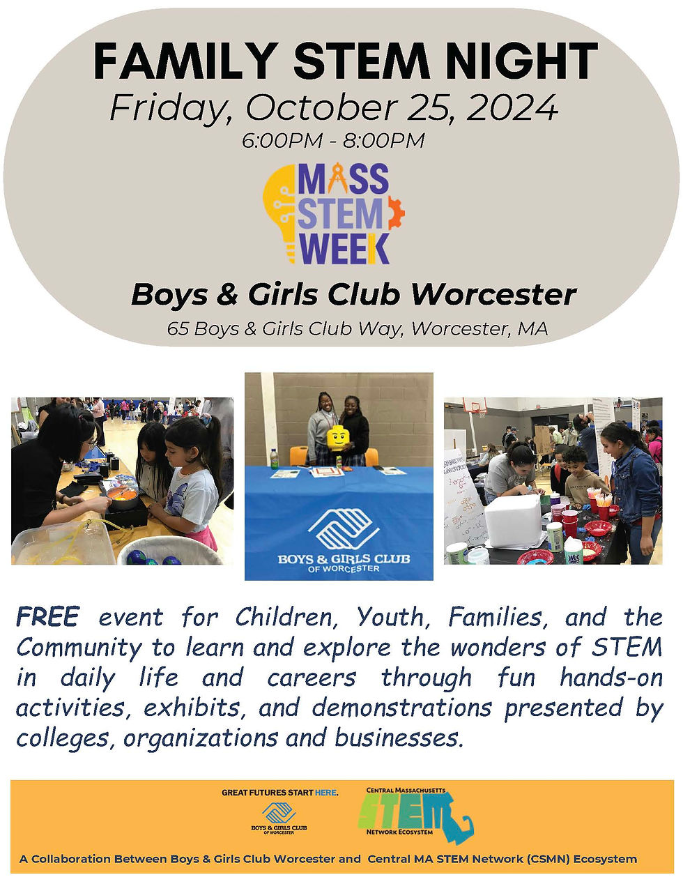 Colorful flyer promoting Family STEM Night at the Boys and Girls Club of Worcester, featuring hands-on robotics activities with Axle, Pilot, and Fido. Open to all ages, with a focus on interactive learning and STEM exploration.