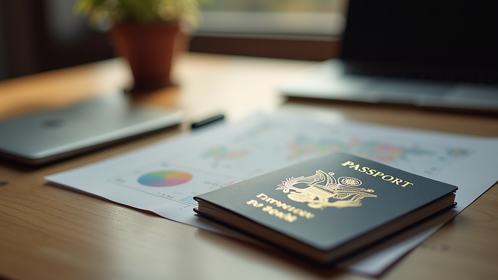 Close-up view of a passport and travel documents on a wooden table