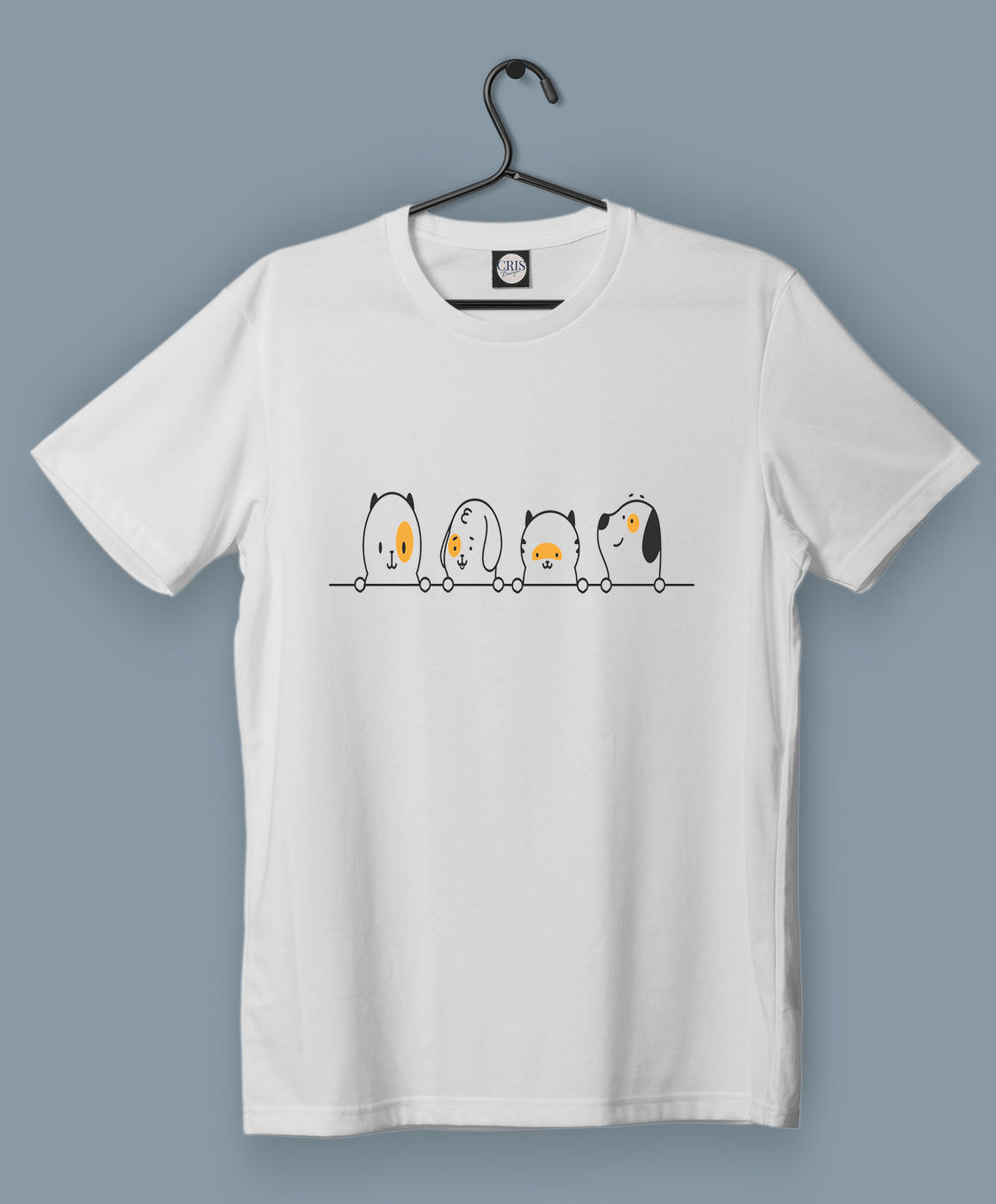 Baskılı Kısa Kollu Unisex Basic_funny-cats-dogs-heads-row-vector-cartoon-cute