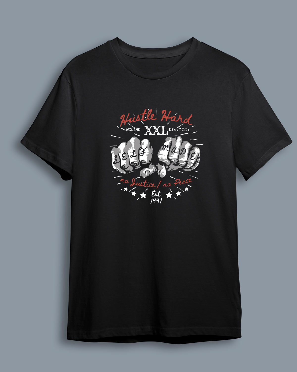 Baskılı Kısa Kollu Unisex Basic_hustle-hard-slogan-with-graphic-fists-tattooed