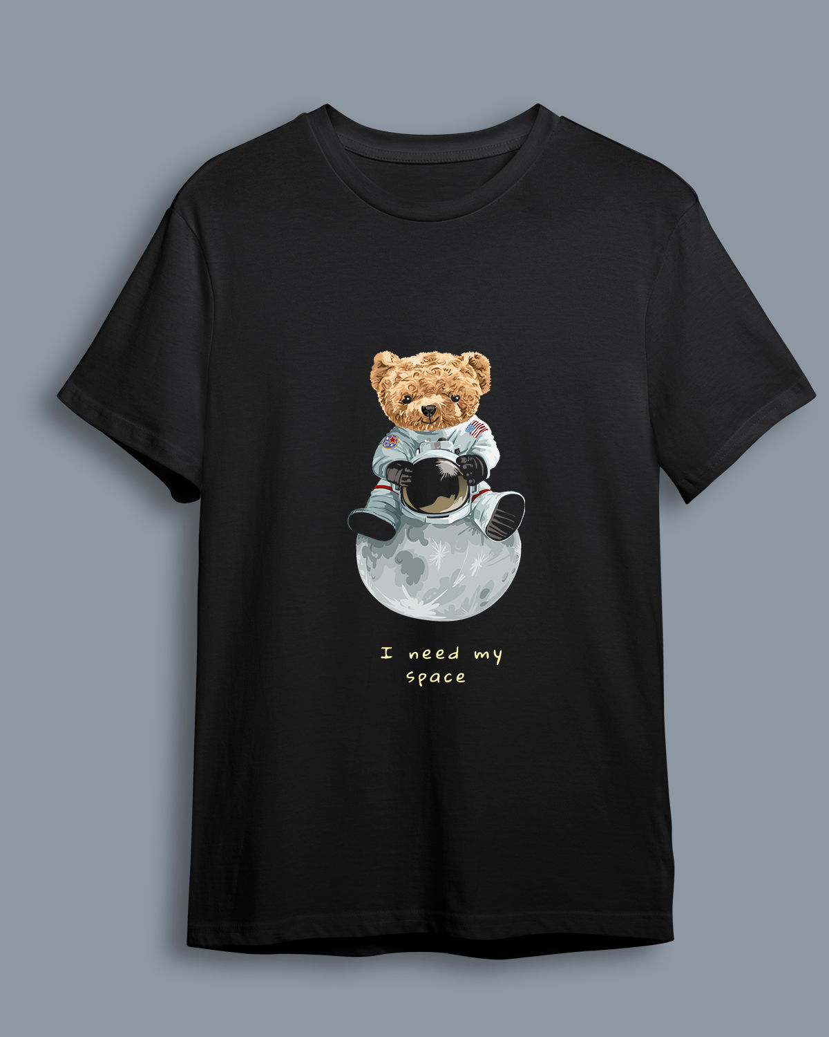 Baskılı Kısa Kollu Unisex Basic_sevimli-ayı-oyuncak-astronot-kostüm-oturan-ay