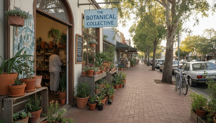 Wide-angle view of a quiet shopfront with potted plants and an open doorway.