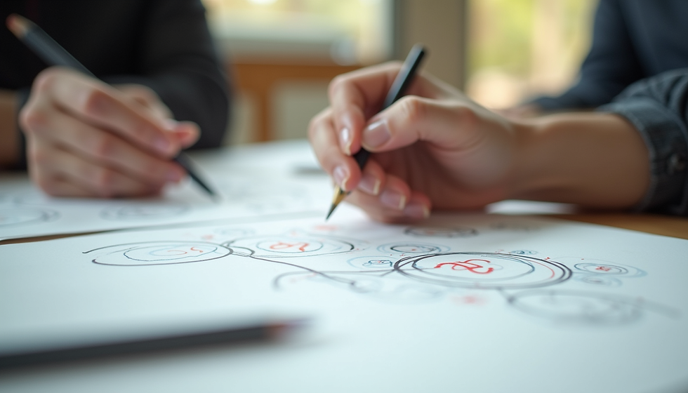 Two people sketch a circular diagram on paper at a table, pencils in hand, in a soft-lit office setting with a collaborative mood