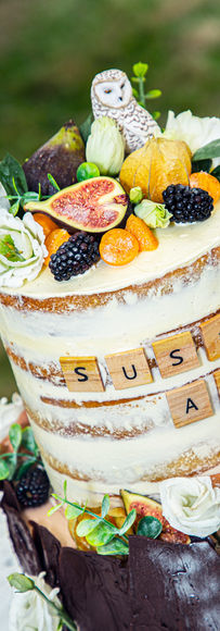 Rustic fruit wedding cake, with woodland creatures 