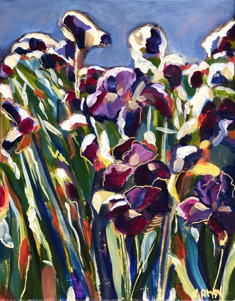 Mandy Kelso “Iris rainbow” 11”x14”x1.5” acrylics on imitation gold-leafed canvas $165