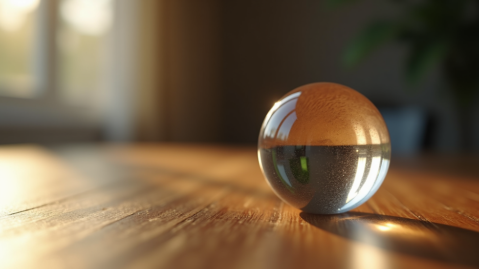 Close-up view of a crystal ball on a wooden table with soft lighting
