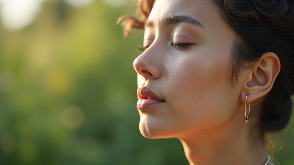 Close-up view of a person meditating outdoors with eyes closed and calm expression