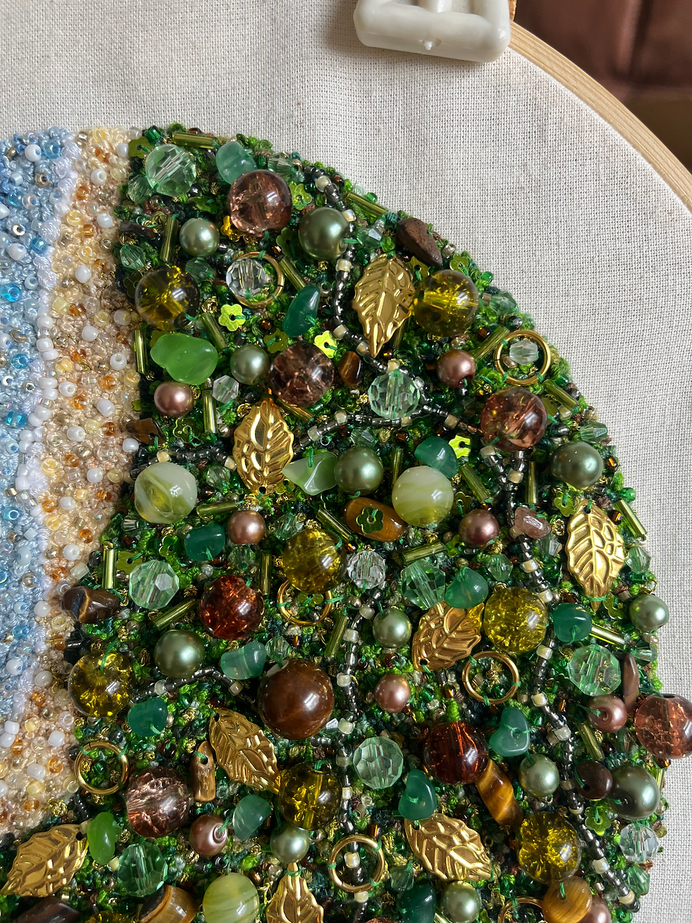 Circular embroidery hoop with beaded and embroidered aerial view of green fields, a sandy beach and a deep blue sea