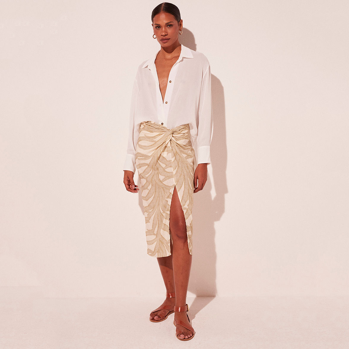 Saia midi folhas bicolor Água de Coco