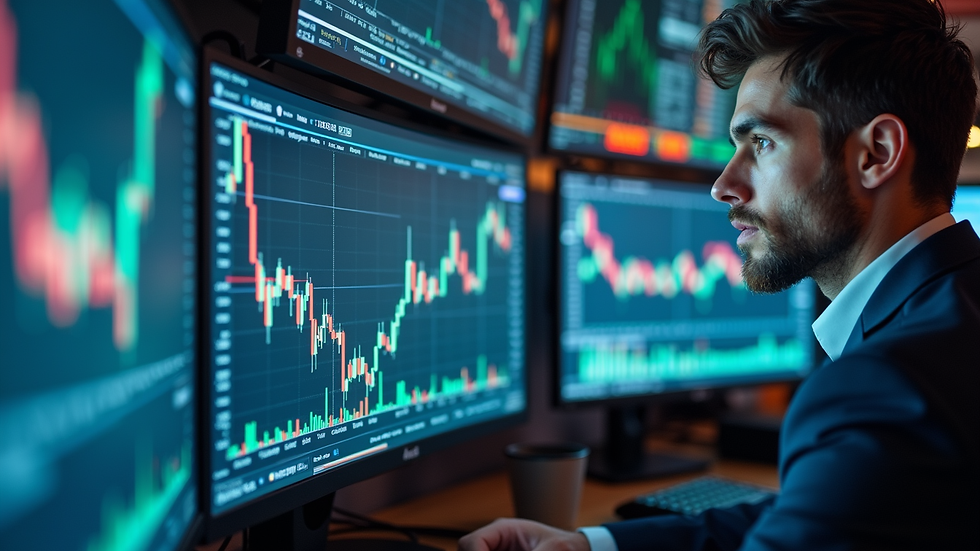 Eye-level view of a financial analyst reviewing stock market data on multiple screens