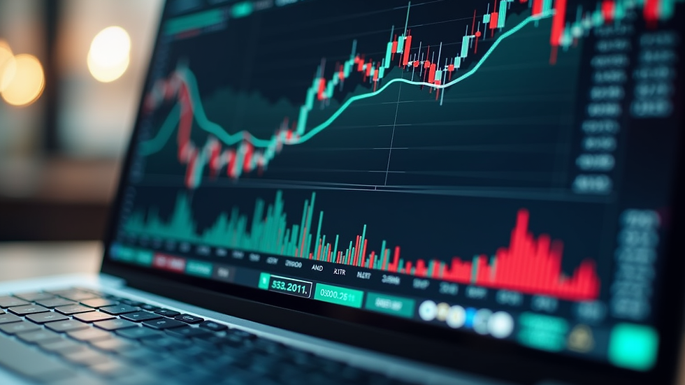 Eye-level view of a laptop displaying financial charts and graphs
