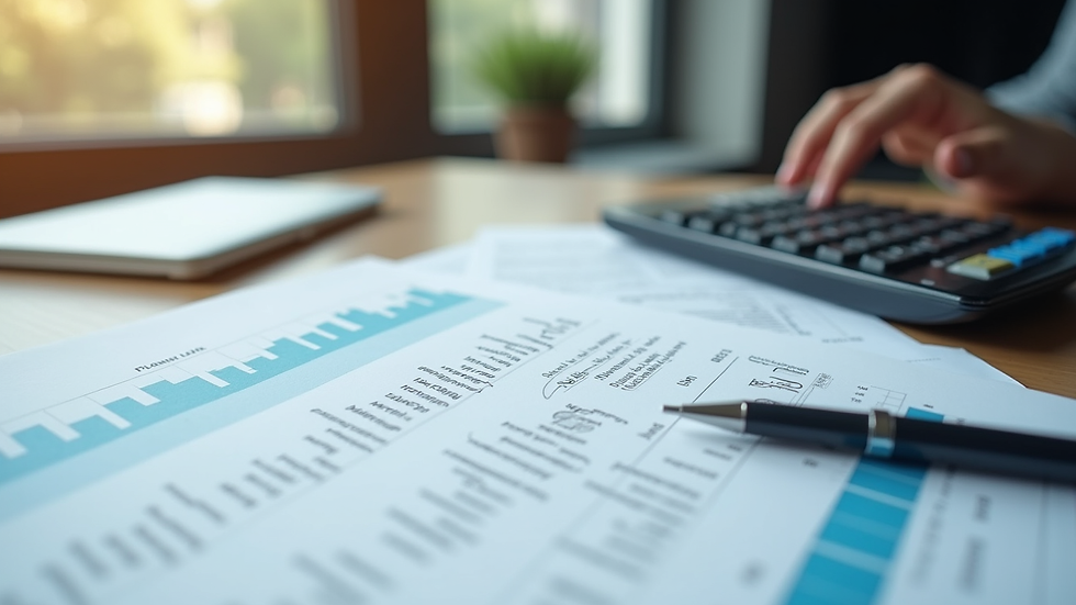 Close-up view of financial documents and a calculator on a desk