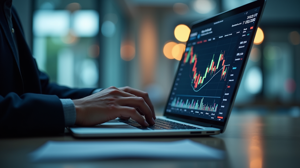 Eye-level view of a financial analyst reviewing stock market data on a laptop