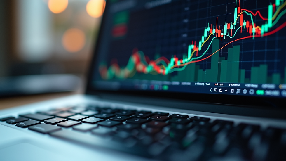 Eye-level view of a laptop screen displaying stock market charts and data