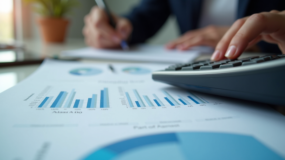 Close-up view of a financial analyst's desk with charts and a calculator