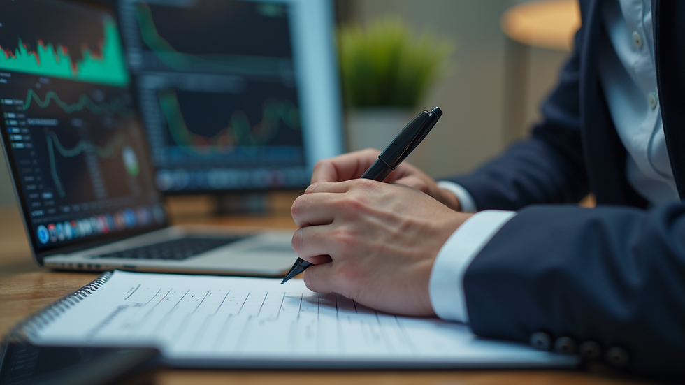 Close-up view of a person taking notes while watching an online stock valuation course