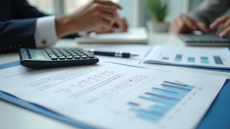 Close-up view of financial documents and calculator on a desk