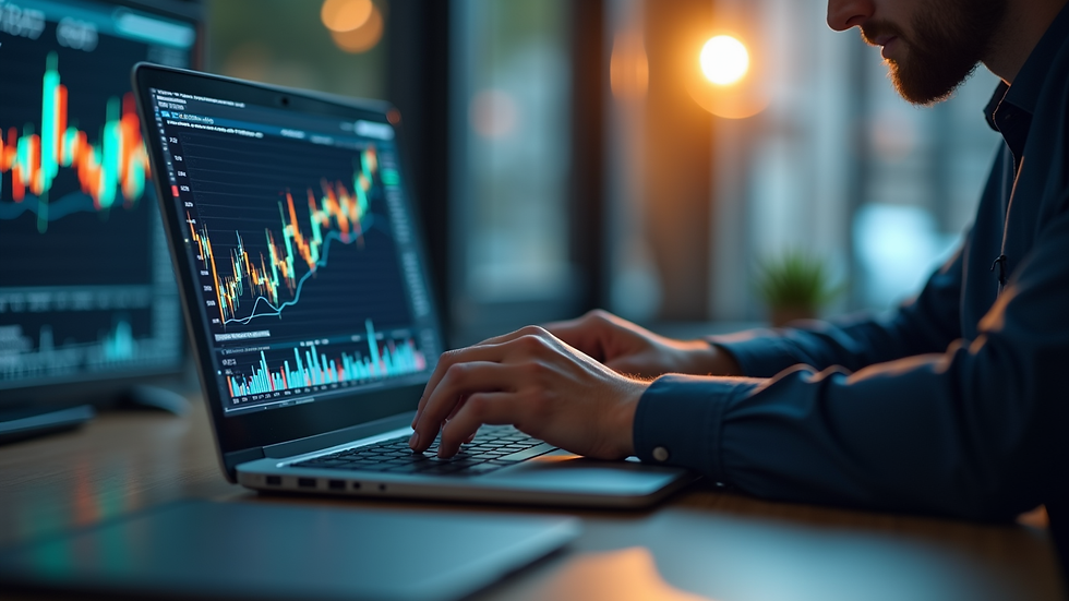 Eye-level view of a financial analyst reviewing stock market data on a laptop