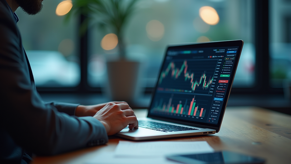 Eye-level view of a financial analyst reviewing stock market data on a laptop