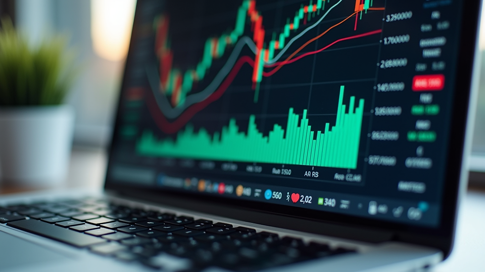 Eye-level view of a laptop screen displaying stock market data and charts