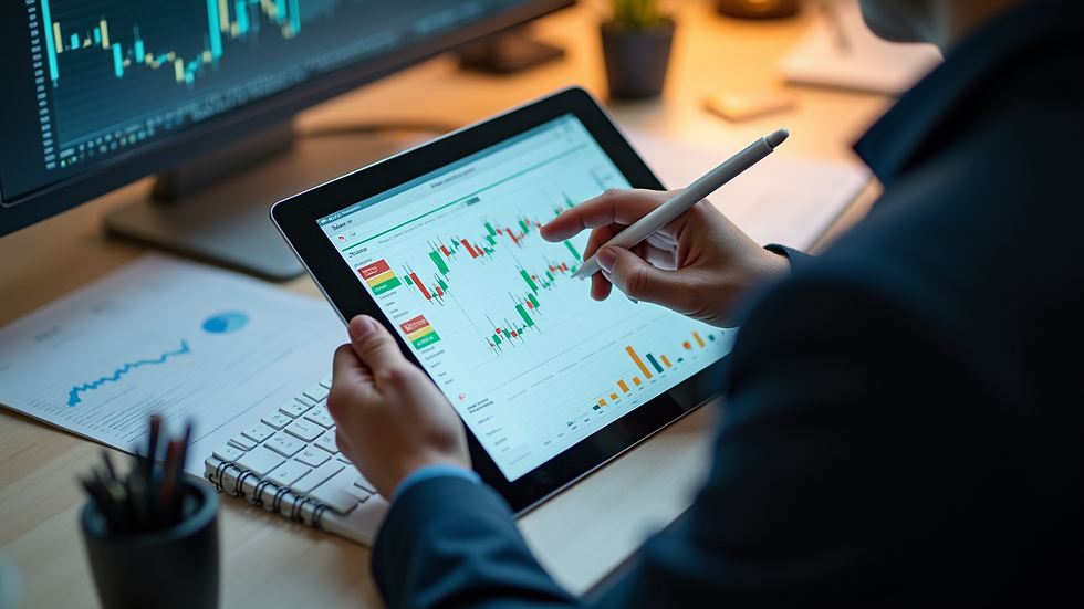 High angle view of a person studying financial charts on a tablet at a desk