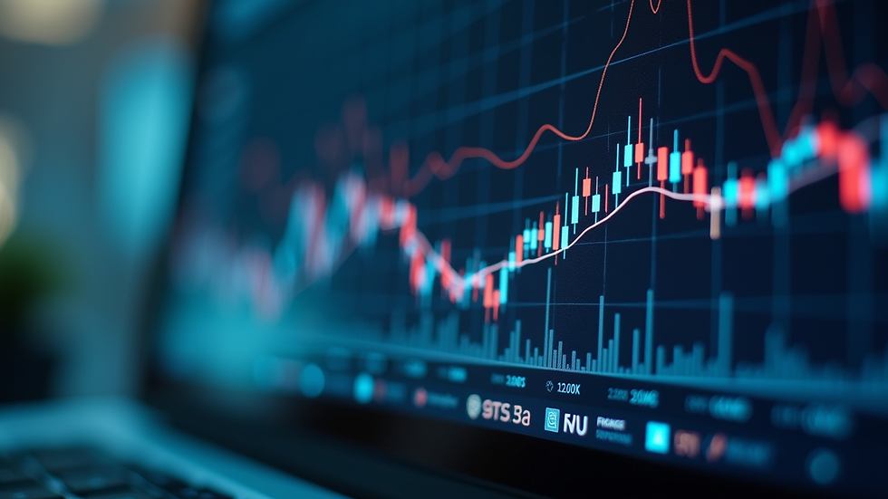 Close-up view of a computer screen displaying financial data and connectivity graphs